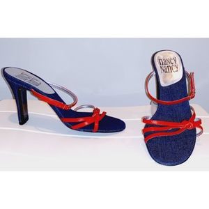 Nancy Nancy Blue Denim Red Leather Mules Size 8